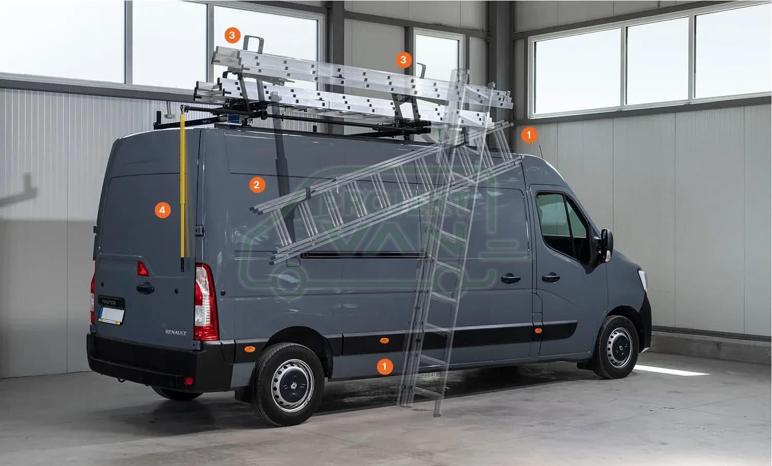 Bagażnik z windą do drabin Fiat Ducato Citroen Jumper Peugeot Boxer L2H2 ( 06-14 i 14- ) Opel Movano IV L2H2 ( 21- ) i Toyota ProAce Max L2H2 ( 24- ) PDE — widok 3